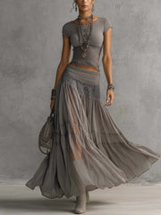 Alba - Complete with gray lace panel top and long pleated skirt