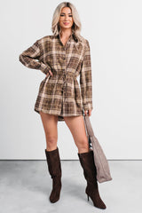Grounded Ease Waist Tie Plaid Romper (Brown)