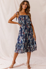 Maeve Shoulder Tie Layered Ruffle Dress Navy