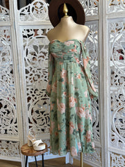 Green Floral Off Shoulder Midi Dress- Slightly Stretchy