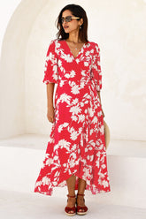 Ella EcoVero™ 3/4 Length Sleeve Wrap Dress | Red/Cream