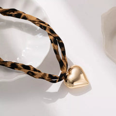 Leopard Print Choker with Golden Heart Pendant Necklace