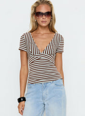 Madelon Short Sleeve Wrap Top Brown / Blue Stripe