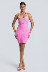 Bandage Rhinestone Rivets Halter Neck Mini Dress