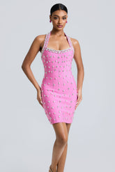 Bandage Rhinestone Rivets Halter Neck Mini Dress
