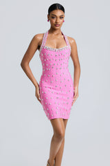 Bandage Rhinestone Rivets Halter Neck Mini Dress