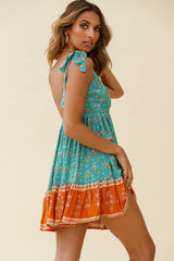 Maven Tied Shoulder Low Back Dress Flower Print Jade
