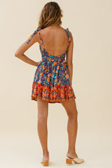 Go Get It Tied Shoulder Sun Dress Floral Print Navy