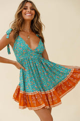 Maven Tied Shoulder Low Back Dress Flower Print Jade
