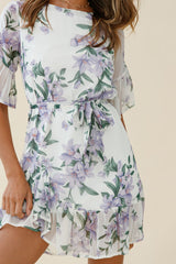 Azealia Ruffle Hem Dress Flower Print White