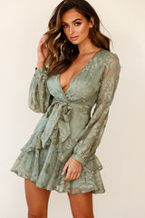 Kerry Layered Balloon Sleeve Dress Floral Embroidered Olive