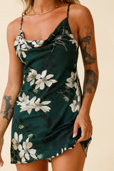 Show Me Love Cowl Neck Mini Dress Flower Print Green
