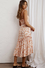 Stealing Kisses Frill Trim Midi Dress Paisley Beige Multi