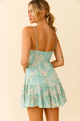 Jocelyn Cami Strap Waist Tie Ruffle Dress Leaf Print Green