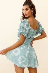 Rosa Short Sleeve Frill Accent Dress Floral Print Sage