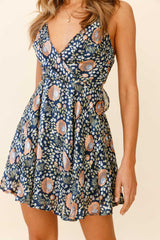 Secret Place Strappy Tie Back Party Dress Floral Print Navy