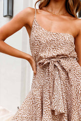 Supernatural Feeling One-Shoulder Waist Tie Dress Animal Print Beige