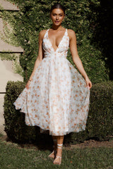 Floating By Plunging Neckline Midi Dress Floral Tangerine