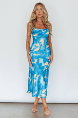 Well Versed Pleated Bust Front Split Dress Flora Blue