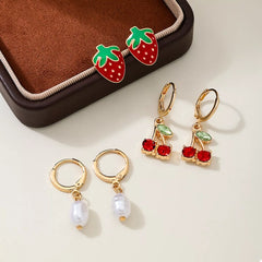 3 Piece 18K Gold-Plated Strawberry Cherry and Pearl Earrings