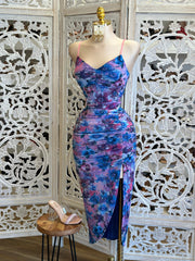 Purple Floral Midi Ruched Dress- Estira, Stretchy