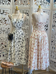 Square Neck Floral Print Dress- Estira, Stretchy