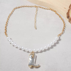 Western Style Pearl Boot Pendant Necklace