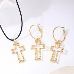 Cross Pendant Necklace & Hoop Earrings Jewelry Set