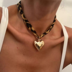 Leopard Print Choker with Golden Heart Pendant Necklace