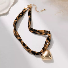 Leopard Print Choker with Golden Heart Pendant Necklace