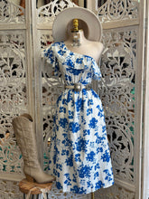 One Sleeve Ruffle Blue Floral Midi Dress-Estira, Stretchy