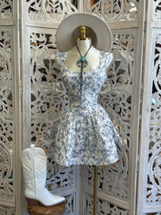 Blue Print Corset Dress- Slightly Stretchy, Estira Poco
