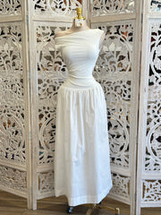 Asymmetrical White Midi Dress- Stretchy, Estira