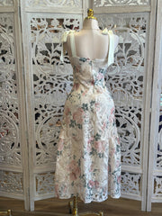 Ribbon Sleeve Floral Crochet Midi Dress- Not Stretchy ,No Estira