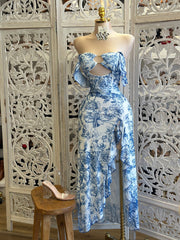 Blue Floral Keyhole Cutout Midi Dress- Stretchy, Estira