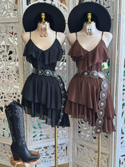 Asymmetrical Ruffle Cami Mini Dress- Not Stretchy ,No Estira