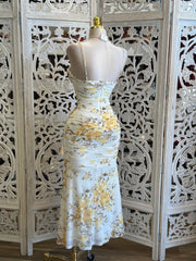 Draped Mesh Yellow Floral Dress- Stretchy, Estira