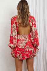 Lilo Surplice Neckline Cut-Out Back Dress Floral Red