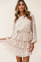 Odessa Long Sleeve Layered Ruffle Dress Floral Print Nude