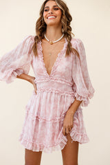 Laney Cutout Back Ruffle Trim Dress Leaves Print Pink