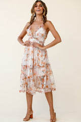 Laney Low Back Cami Strap Midi Dress Hibiscus Print Nude