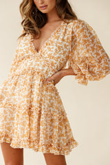 Laney Cutout Back Balloon Sleeve Dress Floral Print Mustard