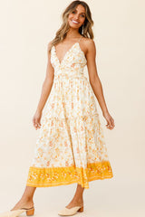 Laney Low Back Cami Strap Midi Dress Hibiscus Print Mustard
