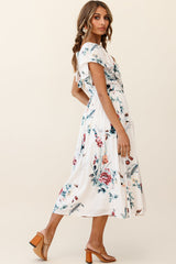 Amelie Tied Bust Pocket Midi Dress Floral Print Beige