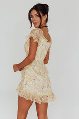 Linka Drawstring Detail Frill Dress Floral Beige