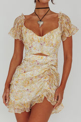 Linka Drawstring Detail Frill Dress Floral Beige