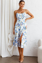 Linka Cami Strap Split Midi Dress Floral Blue