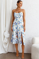 Linka Cami Strap Split Midi Dress Floral Blue