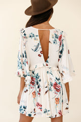 Lynette Loose Fit Angel Sleeve Dress Botanic Print Nude