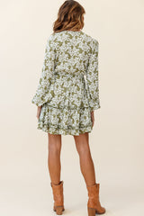 Sunny Daze Long Sleeve Tie-Knot Bust Dress Floral Print Olive